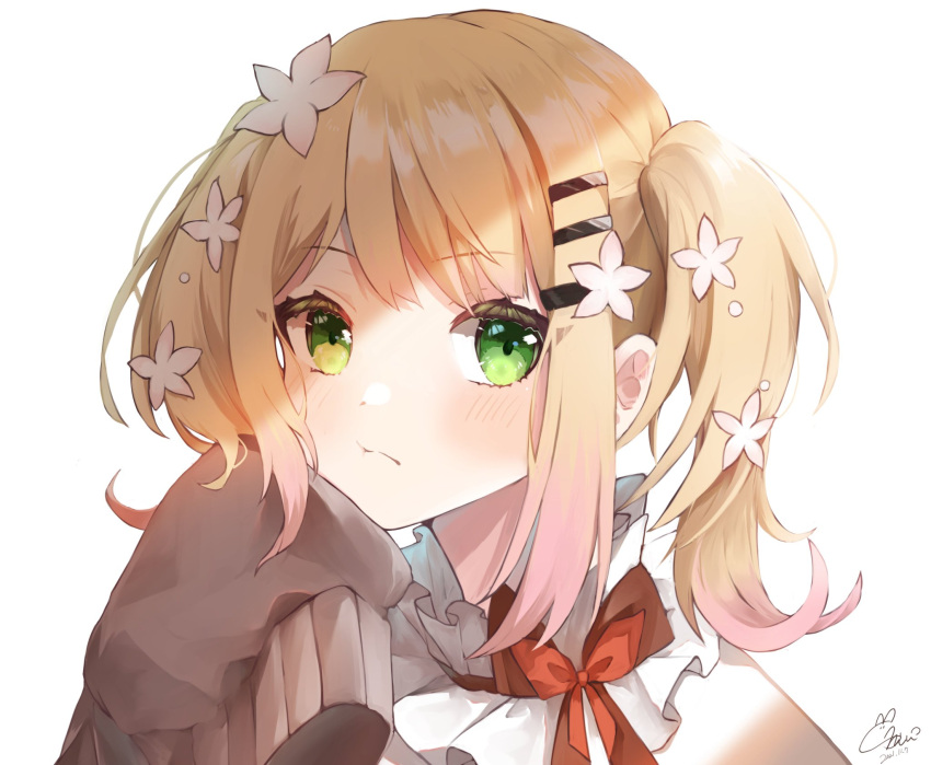 1girl, blonde_hair, blush, brown_cardigan, cardigan, commentary_request, flower, green_eyes, hair_flower, hair_ornament, head_rest, highres, hololive, long_hair, long_sleeves, looking_at_viewer, mashiro_io, momosuzu_nene, momosuzu_nene_(2nd_costume), signature, sleeves_past_fingers, sleeves_past_wrists, solo, twintails, virtual_youtuber, white_background