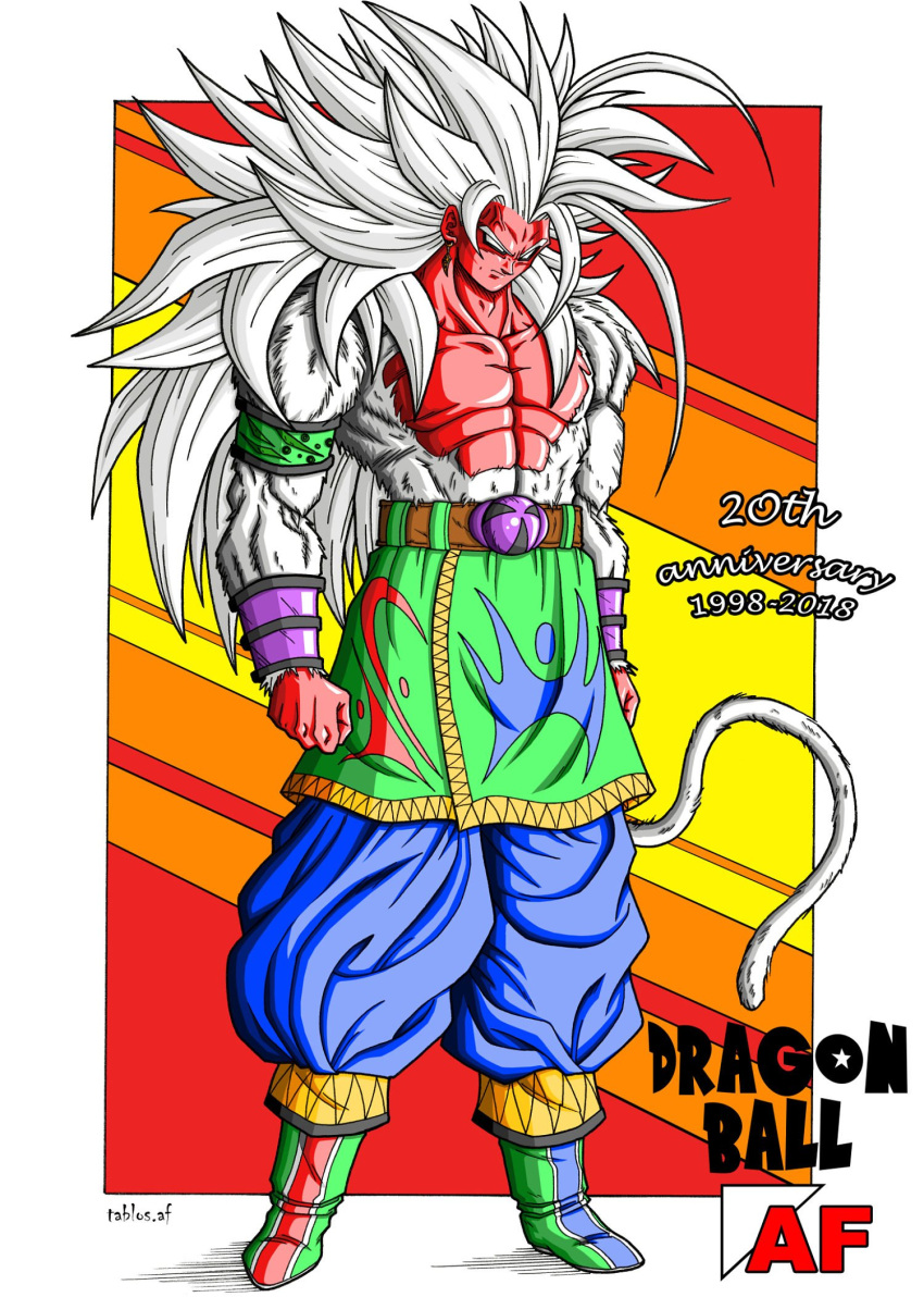 1boy, anniversary, artist_name, belt, biceps, clenched_hand, closed_mouth, colored_skin, dragon_ball, dragon_ball_af, empty_eyes, english_text, full_body, highres, long_hair, monkey_tail, muscular, muscular_male, original, pants, pectorals, pink_skin, solo, solo_focus, spiky_hair, standing, super_saiyan, super_saiyan_5, tablos_(dragon_ball_af), tablosaf, tail, white_fur, white_hair