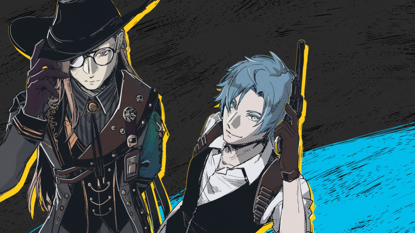 2boys, black_headwear, black_vest, blue_hair, brown_gloves, cowboy_hat, glasses, gloves