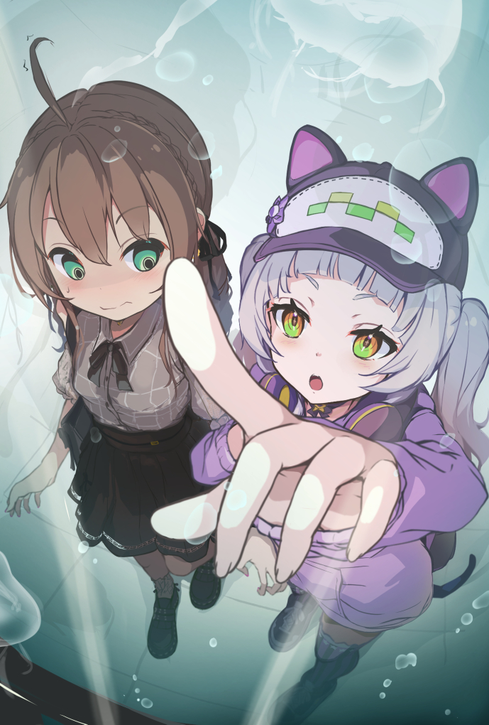 2girls, ahoge, animal_ears, aquarium, arched_bangs, arm_hug, baseball_cap, black_bow
