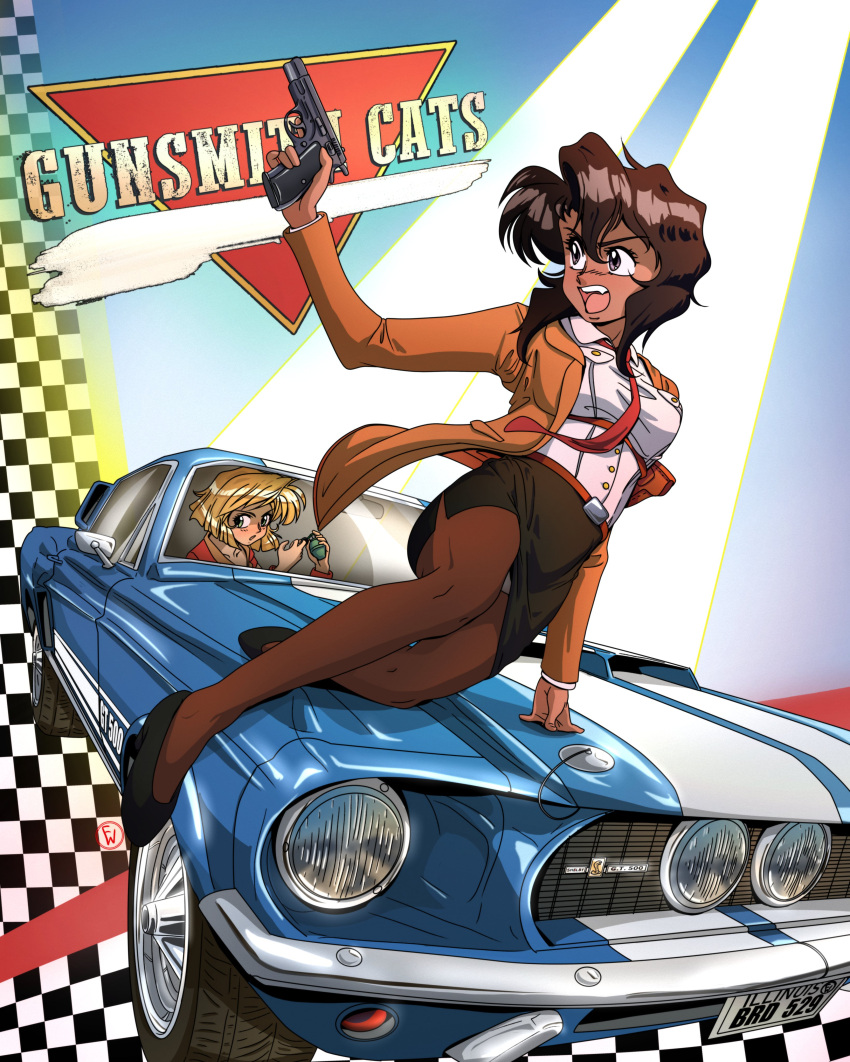 absurdres, blonde_hair, brown_hair, car, cz-75, dark-skinned_female, dark_skin, explosive, fritz_willie, grenade, gun, gunsmith_cats, handgun, highres, holding, holding_gun, holding_weapon, minnie_may_hopkins, motor_vehicle, muscle_car, rally_vincent, shelby_gt500, tan, tomboy, weapon