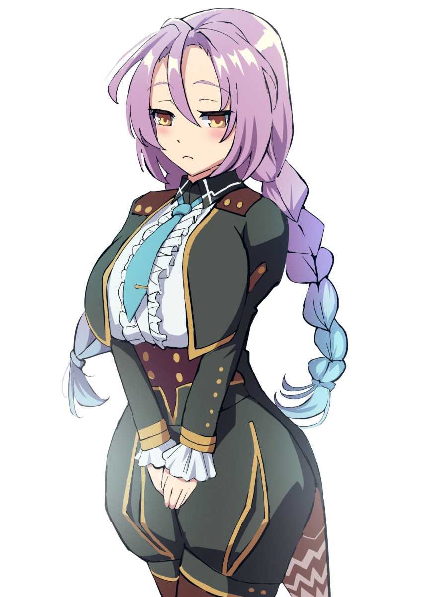 1girl, alternate_breast_size, blush, braid, breasts, clorica_(rune_factory), commission, frills, highres, large_breasts, long_hair, long_sleeves, looking_at_viewer, necktie, pixiv_commission, purple_hair, rune_factory, rune_factory_4, sakamata_(sakamata4), solo, twin_braids, twintails, white_background, yellow_eyes