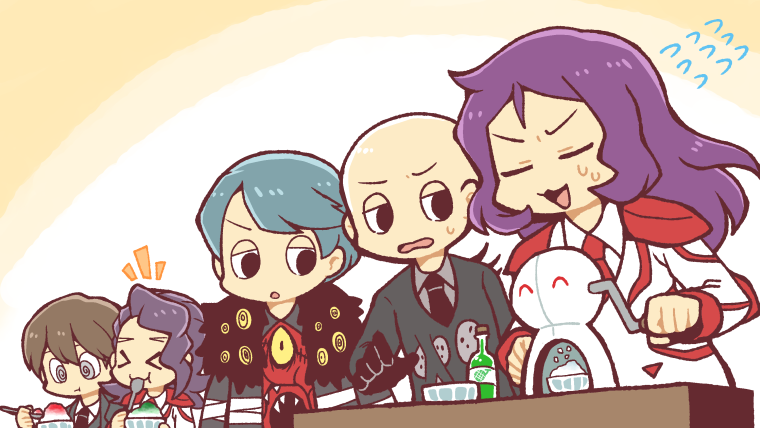 >_<, 5boys, :3, @_@, aqua_hair, armor, bald, black_eyes