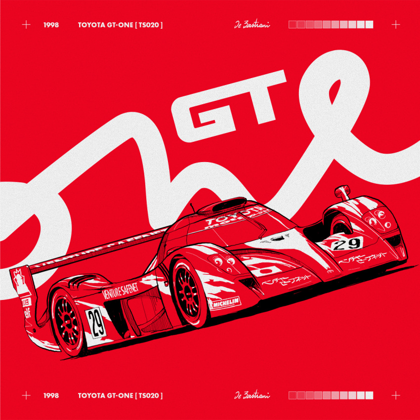 1998, camdebast, car, english_commentary, highres, japanese_flag, le_mans_prototype, michelin, michelin_man, monochrome, motor_vehicle, no_humans, race_vehicle, racecar, real_life, red_background, red_theme, shadow, signature, spoiler_(automobile), toyota, toyota_gt-one, vehicle_focus, vehicle_name