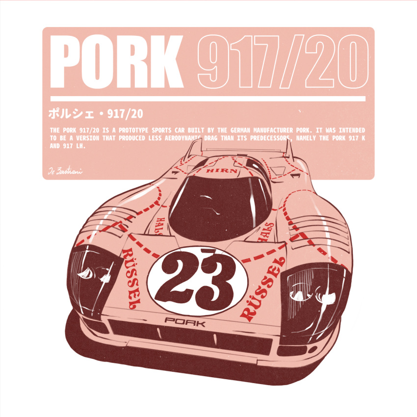 brand_name_imitation, camdebast, car, english_commentary, highres, le_mans_prototype, monochrome, motor_vehicle, no_humans, pink_theme, porsche_917, race_vehicle, racecar, roundel, signature, spoiler_(automobile), vehicle_focus, white_background, world_sportscar_championship