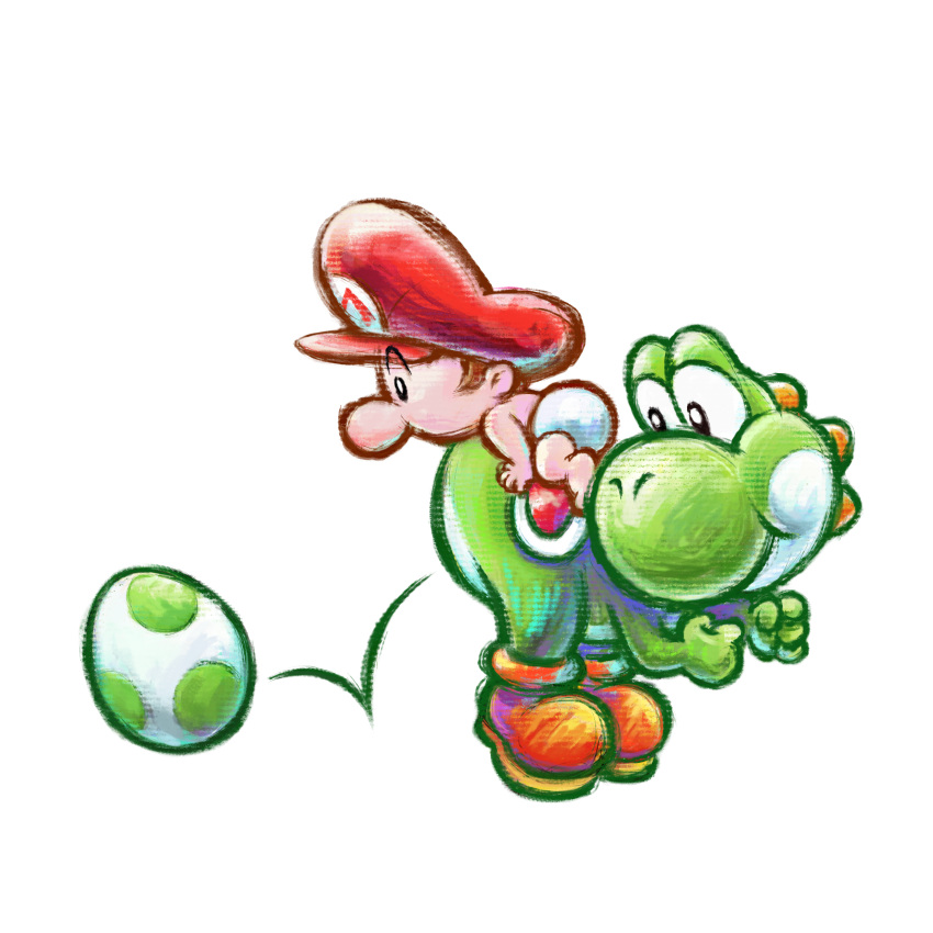1boy, 1other, absurdres, baby_mario, boots, brown_footwear, diaper, egg