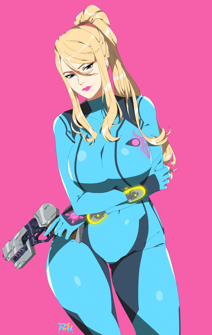 1girl, absurdres, blonde_hair, blue_bodysuit, blue_eyes, bodysuit, breasts, cowboy_shot