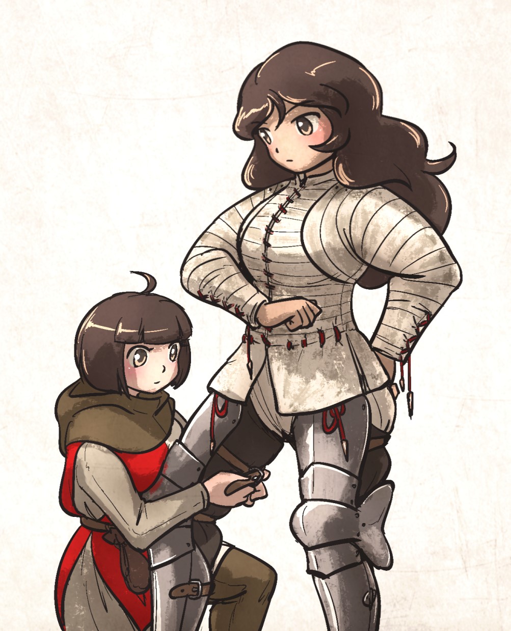 2girls, ahoge, ahoge_page_(ironlily), armor, belt, brown_hair, gambeson, highres, ironlily, lady_lucerne_(ironlily), long_hair, medieval, multiple_girls, ordo_mediare_sisters_(ironlily), short_hair, standing, surcoat, tying