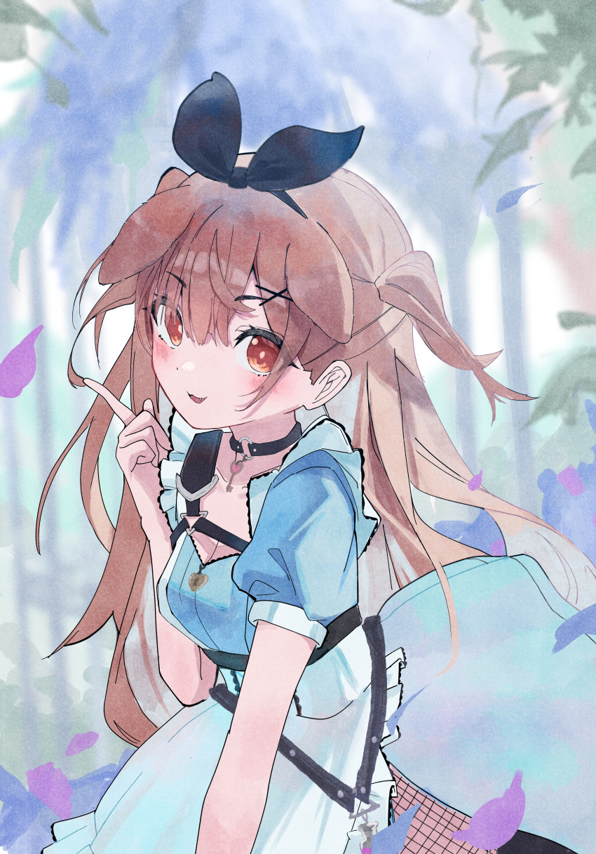 1girl, absurdres, animal_ears, apron, black_choker, black_hairband, blue_dress, blush
