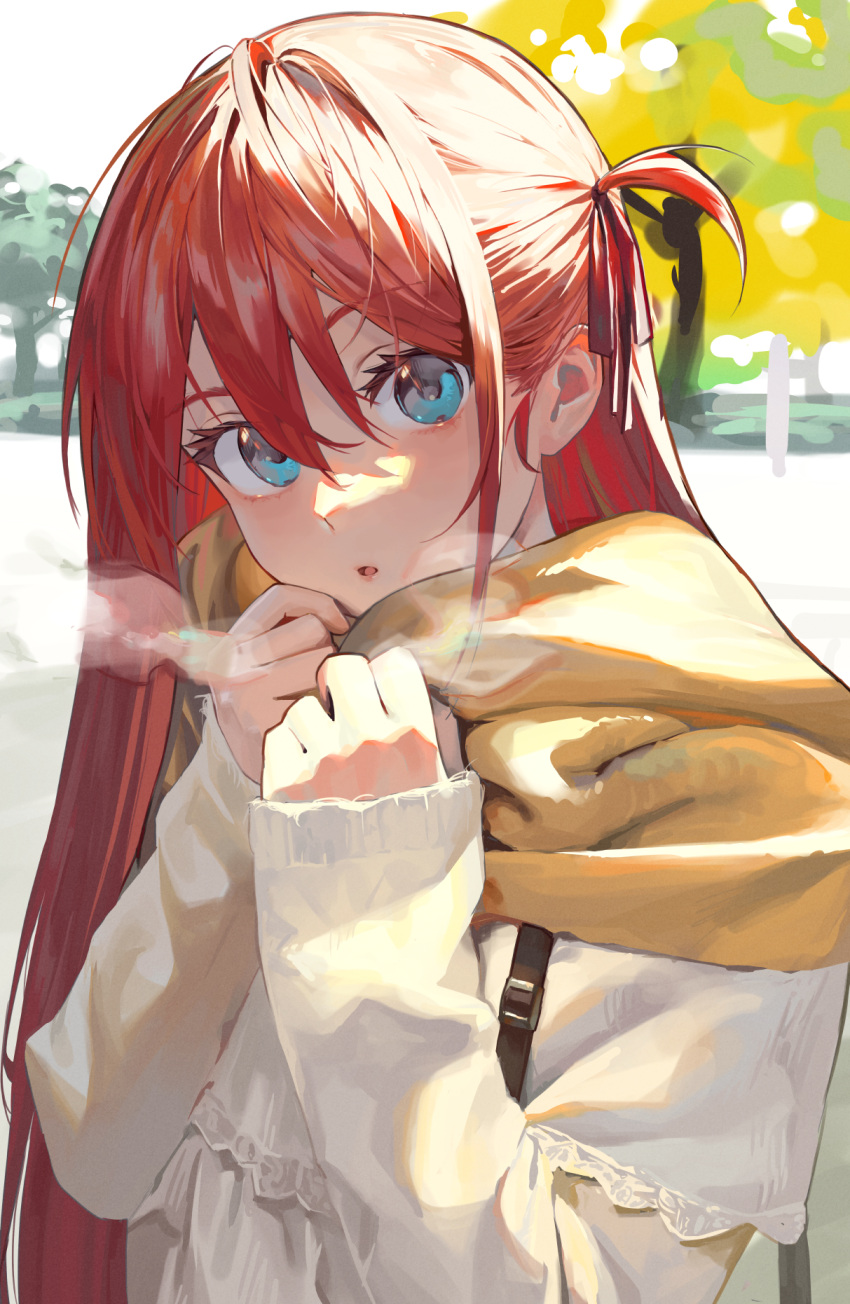 1girl, blue_eyes, day, dress, hair_between_eyes, highres, hipa_(some1else45), long_hair, long_sleeves, looking_at_viewer, one_side_up, original, outdoors, parted_lips, redhead, sleeves_past_wrists, solo, some1else45, tree, upper_body, white_dress