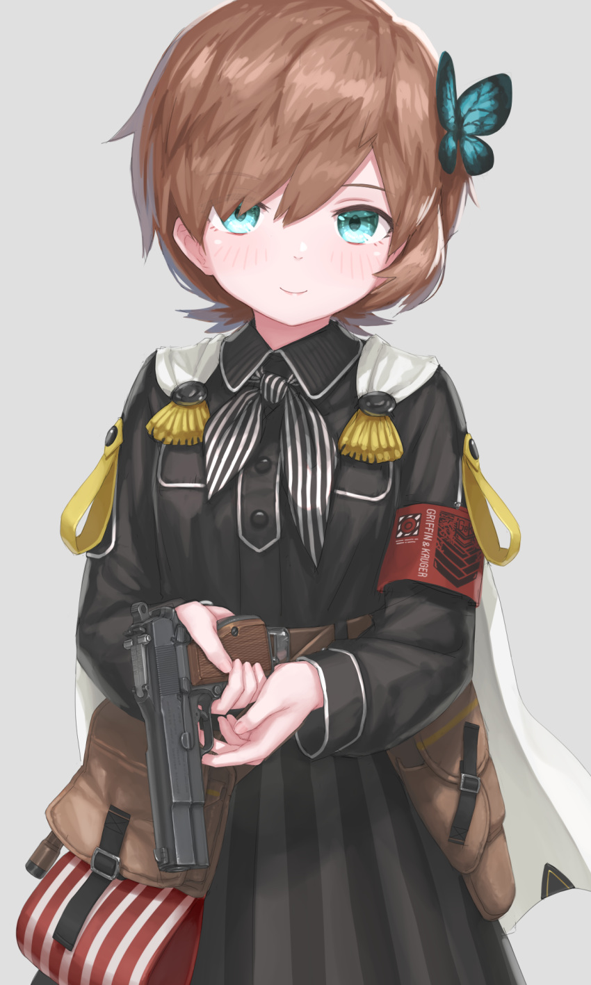 belt_pouch, black_ribbon, black_shirt, black_skirt, blue_eyes, brown_hair, browning_hi-power, butterfly_hair_ornament