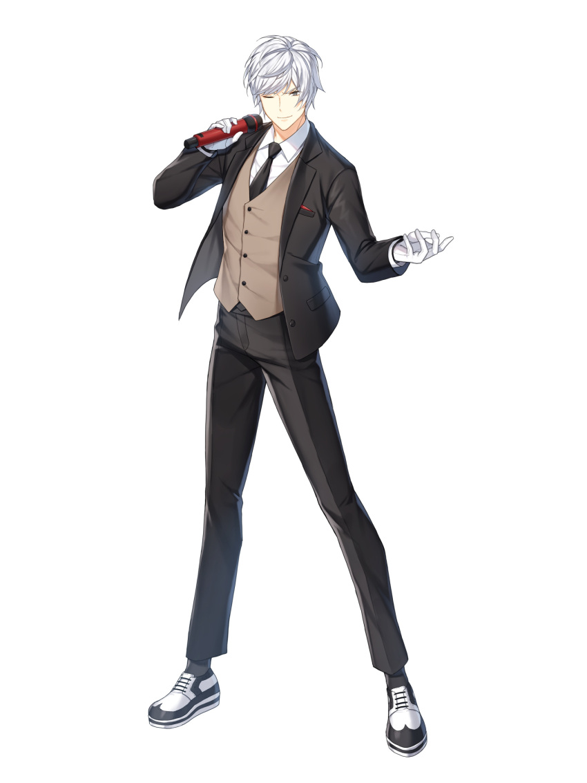 1boy, ;), black_jacket, black_necktie, black_pants, black_socks, brown_vest, closers