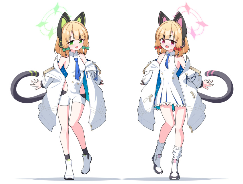 2girls, 525_woiwo, :d, animal_ear_headphones, animal_ears, blonde_hair, blue_archive, blue_necktie