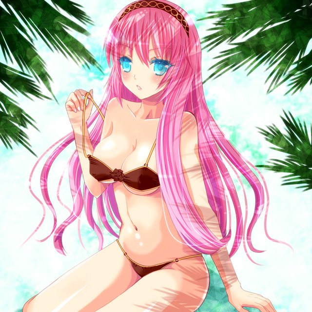 bikini, blue_eyes, hairband, kay, leaf, long_hair, megurine_luka, shadow