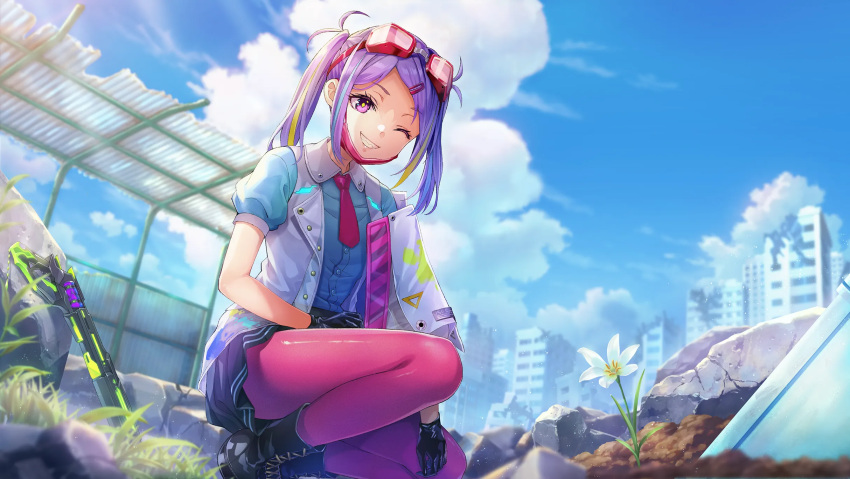 black_footwear, blue_shirt, blue_sky, boots, breasts, clouds, cloudy_sky, fang