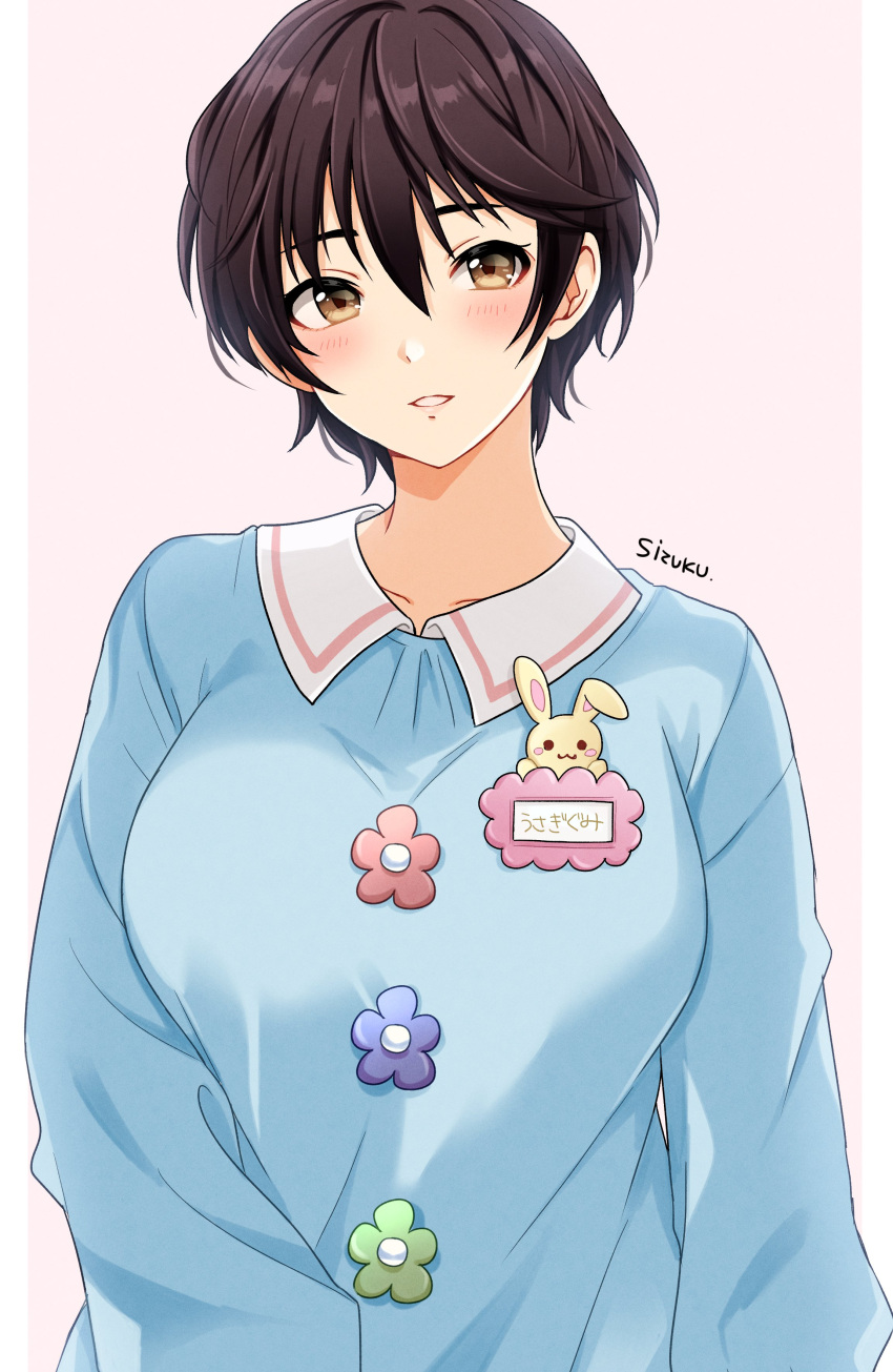 1girl, absurdres, blue_shirt, blush, breasts, brown_eyes, brown_hair, collarbone