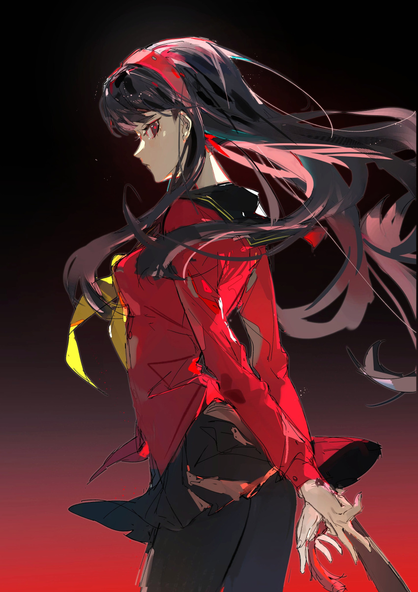 1girl, absurdres, amagi_yukiko, arms_behind_back, binxngchng1, black_hair, black_pantyhose, black_skirt, cardigan, floating_hair, from_side, hairband, highres, long_hair, looking_at_viewer, pantyhose, persona, persona_4, pleated_skirt, red_cardigan, red_eyes, red_hairband, school_uniform, skirt, solo, yasogami_school_uniform