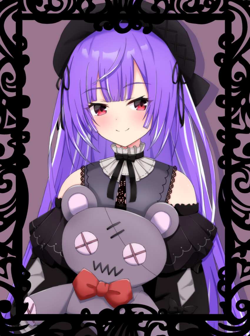 1girl, beret, black_dress, black_headwear, blunt_bangs, blush, closed_mouth, collar