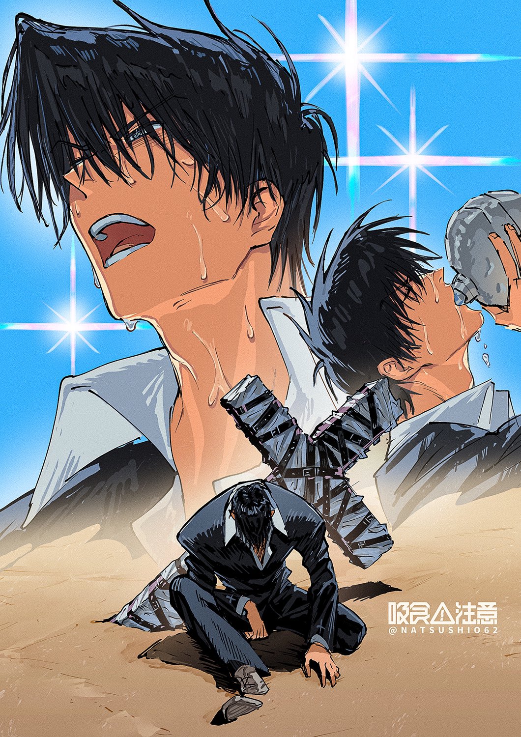 1boy, black_eyes, black_hair, black_jacket, black_pants, black_straps, bottle, closed_eyes