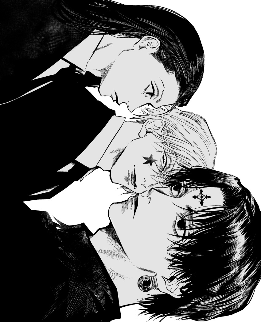 3boys, absurdres, chrollo_lucilfer, closed_mouth, collared_shirt, cross_tattoo, earrings, facial_mark