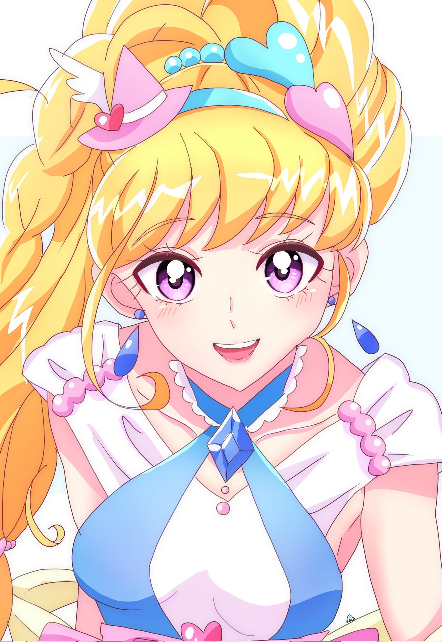 1girl, asahina_mirai, blonde_hair, blue_choker, blue_gemstone, breasts, choker, cure_miracle, cure_miracle_(sapphire_style), earrings, folded_braid, gem, hair_ornament, hat, highres, jewelry, long_hair, looking_at_viewer, magical_girl, mahou_girls_precure!, medium_breasts, mini_hat, mini_witch_hat, momotarouooi, open_mouth, pink_headwear, precure, smile, upper_body, violet_eyes, white_background, wide_ponytail, witch_hat
