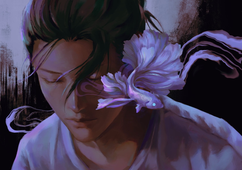 1boy, 3aem, animal, black_background, closed_eyes, closed_mouth, fish, getou_suguru, hair_pulled_back, highres, jujutsu_kaisen, male_focus, shirt, short_hair, solo, upper_body, white_shirt