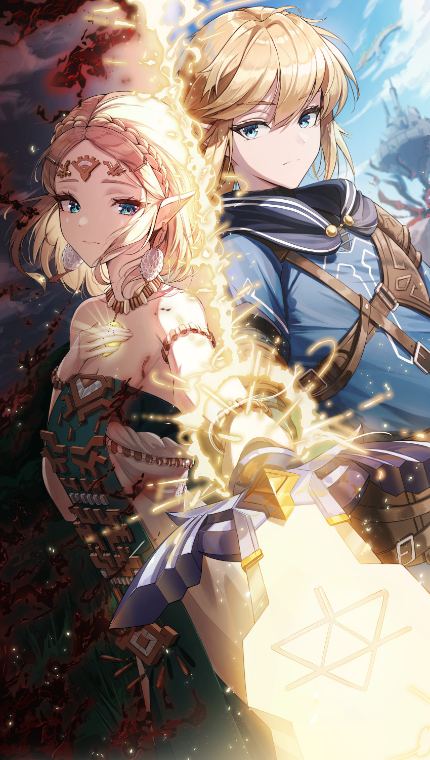 1boy, 1girl, absurdres, bead_necklace, beads, blonde_hair, blue_eyes, blue_tunic