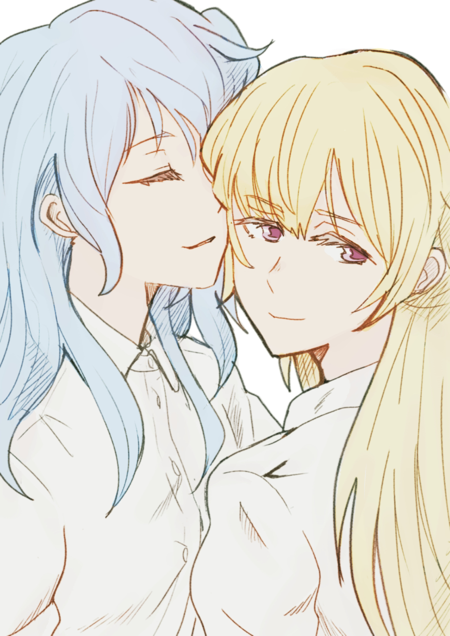 2girls, ayutarochan, bang_dream!, blonde_hair, blue_hair, closed_eyes, closed_mouth, collared_shirt