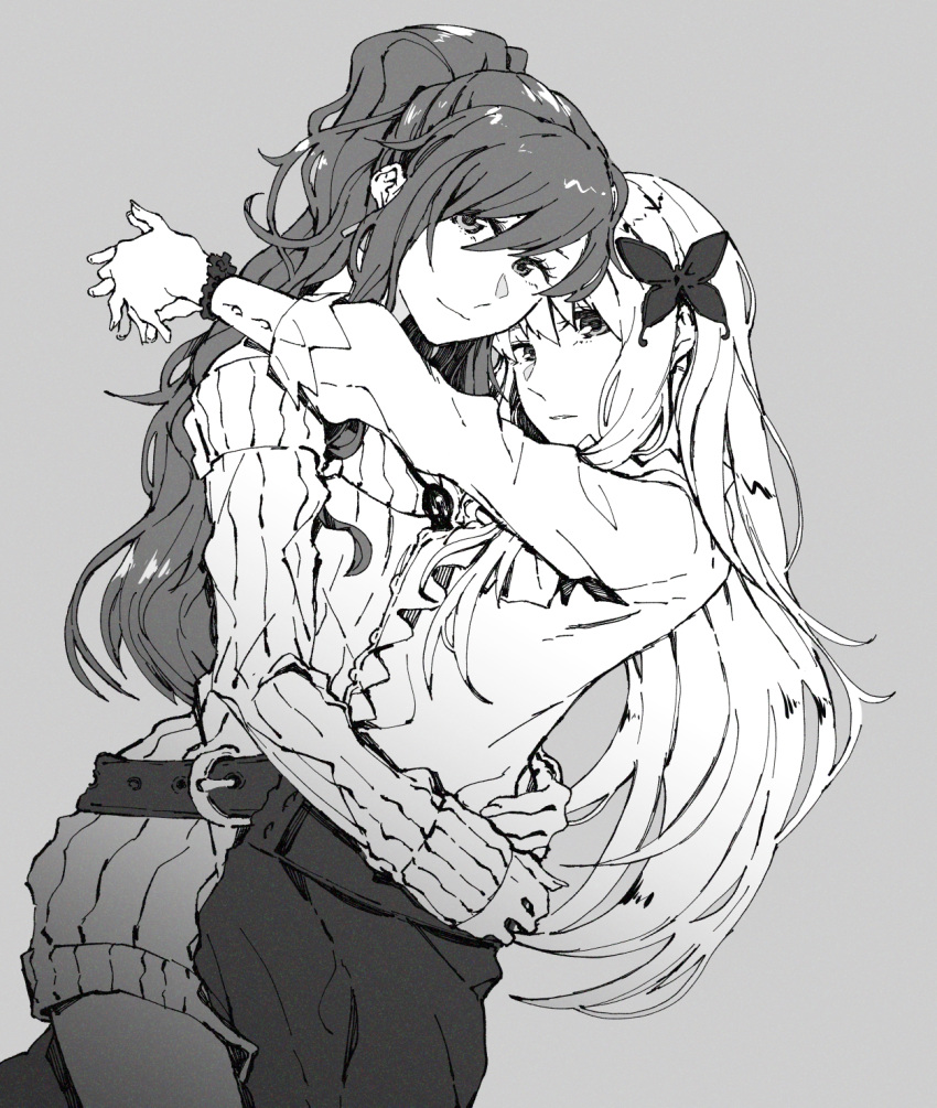 2girls, ayutarochan, bang_dream!, black_skirt, closed_mouth, commentary, cowboy_shot, dutch_angle