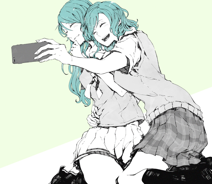 2girls, absurdres, aqua_hair, ayutarochan, bang_dream!, blush, cellphone, closed_eyes