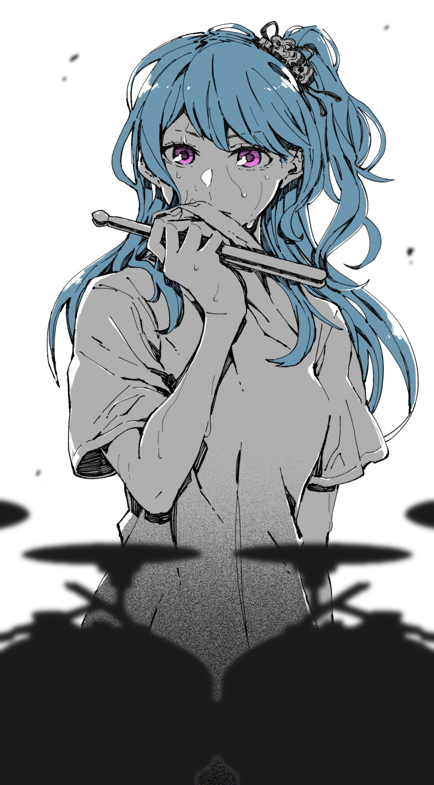 1girl, ayutarochan, bang_dream!, blue_hair, commentary, drumsticks, highres, holding