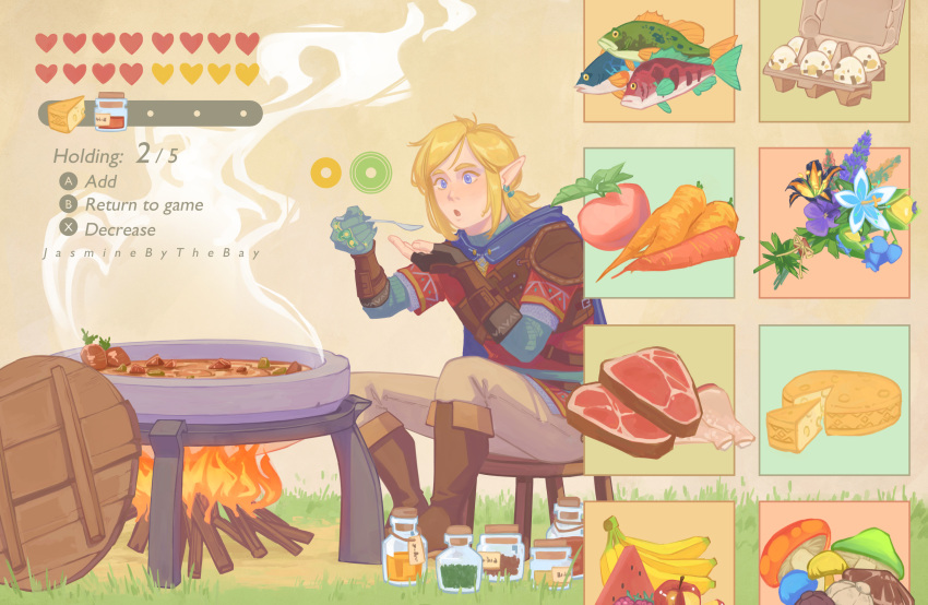 1boy, apple, banana, black_gloves, blonde_hair, blowing_on_food, blue_eyes, boots