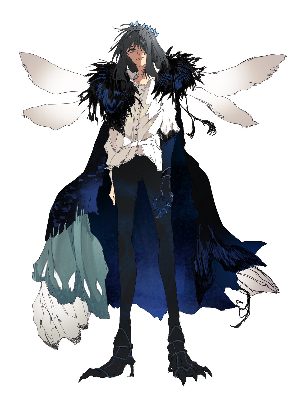 1boy, arthropod_boy, arthropod_limbs, blue_eyes, cape, collared_shirt, crown, diamond_hairband