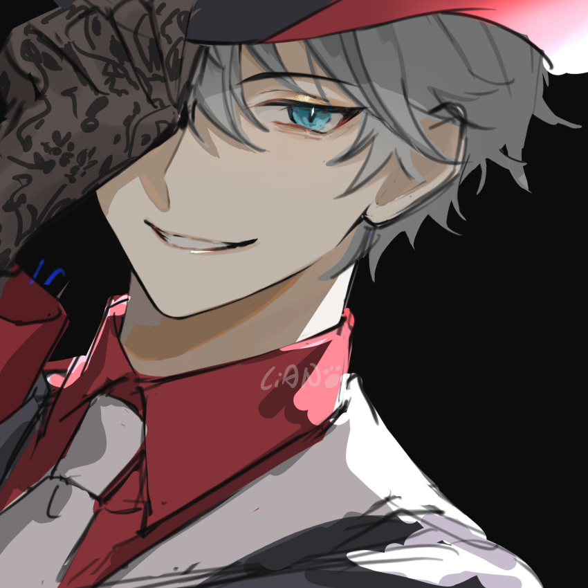 1boy, absurdres, adjusting_clothes, adjusting_headwear, artist_name, blue_eyes, close-up, collared_shirt
