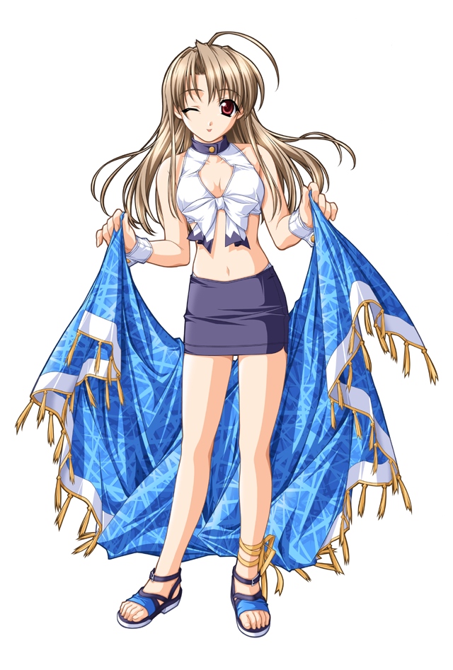 ankle_lace-up, blonde_hair, breasts, cleavage, cross-laced_footwear, front-tie_top, hashimoto_takashi, legs