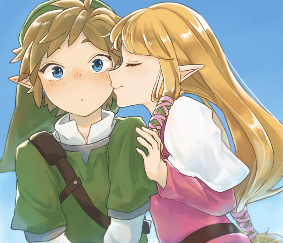 1boy, 1girl, blonde_hair, blush, brown_hair, capelet, commentary_request, dress, green_headwear, green_tunic, hair_ribbon, kiss, kissing_cheek, link, long_hair, maya_(mayamayammy), pink_dress, pointy_ears, princess_zelda, ribbon, short_hair, simple_background, surprised, the_legend_of_zelda, the_legend_of_zelda:_skyward_sword, tress_ribbon, white_capelet