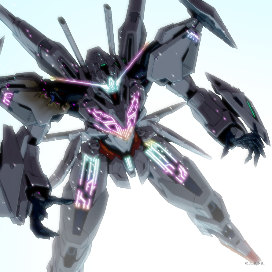 commentary, damaged, de_ri_(derinri), glowing, gundam, gundam_calibarn, gundam_suisei_no_majo, light_particles