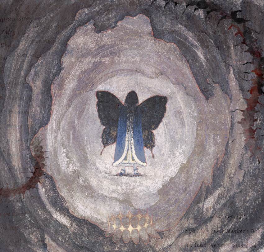 1boy, arthropod_boy, blue_cloak, bug, butterfly_wings, centipede, cloak, crown