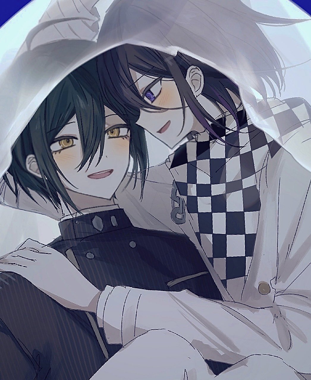 2boys, :d, ahoge, arm_up, black_hair, black_jacket, blush, breast_pocket, brown_eyes, buttons, checkered_clothes, checkered_scarf, danganronpa_(series), danganronpa_v3:_killing_harmony, double-breasted, eye_contact, grey_jacket, grey_pants, hair_between_eyes, hand_on_another's_shoulder, highres, holding, jacket, long_sleeves, looking_at_another, multiple_boys, oma_kokichi, pants, pocket, saihara_shuichi, scarf, seuli_(sa404_3), short_hair, smile, striped, striped_jacket, violet_eyes