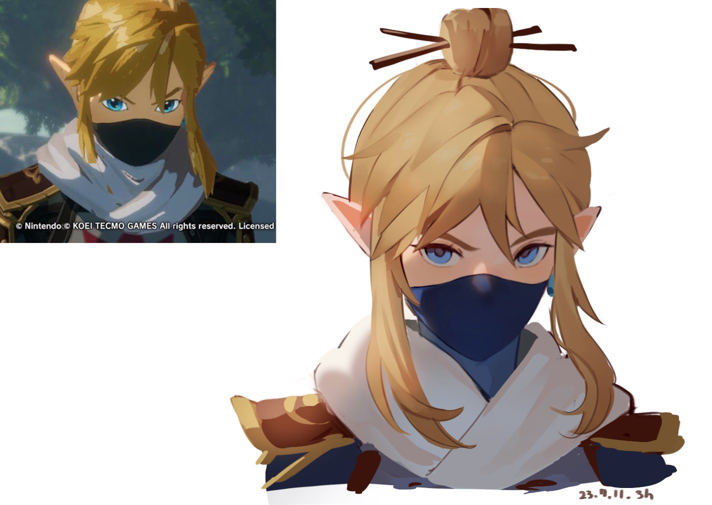 1boy, blonde_hair, blue_eyes, dated, derivative_work, hair_between_eyes, hair_bun, hair_ornament