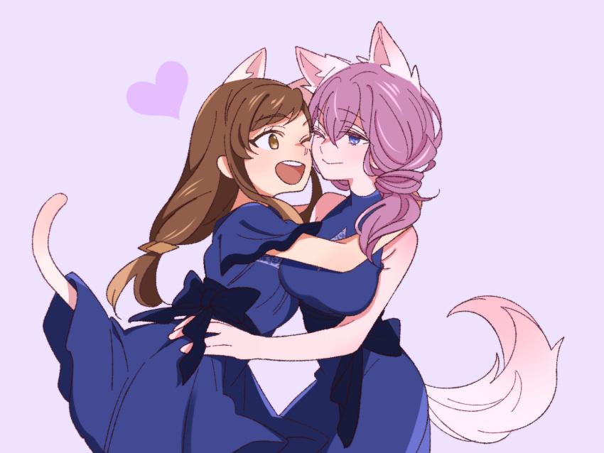 2girls, :o, animal_ears, blue_dress, blue_eyes, bow, brown_eyes, brown_hair, dog_tail, dress, eye_contact, heart, highres, kousaka_rei, la_corda_d'oro_starlight_orchestra, long_hair, looking_at_another, multiple_girls, pink_hair, simple_background, tail, yoshitaka_(palooo)