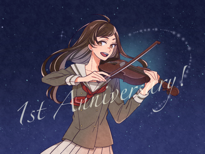 1girl, :d, anniversary, asahina_yui, blue_background, bow_(music), brown_eyes, brown_hair