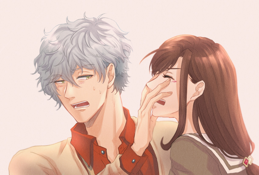 1boy, 1girl, absurdres, asahina_yui, blush, brown_hair, flustered, grey_hair