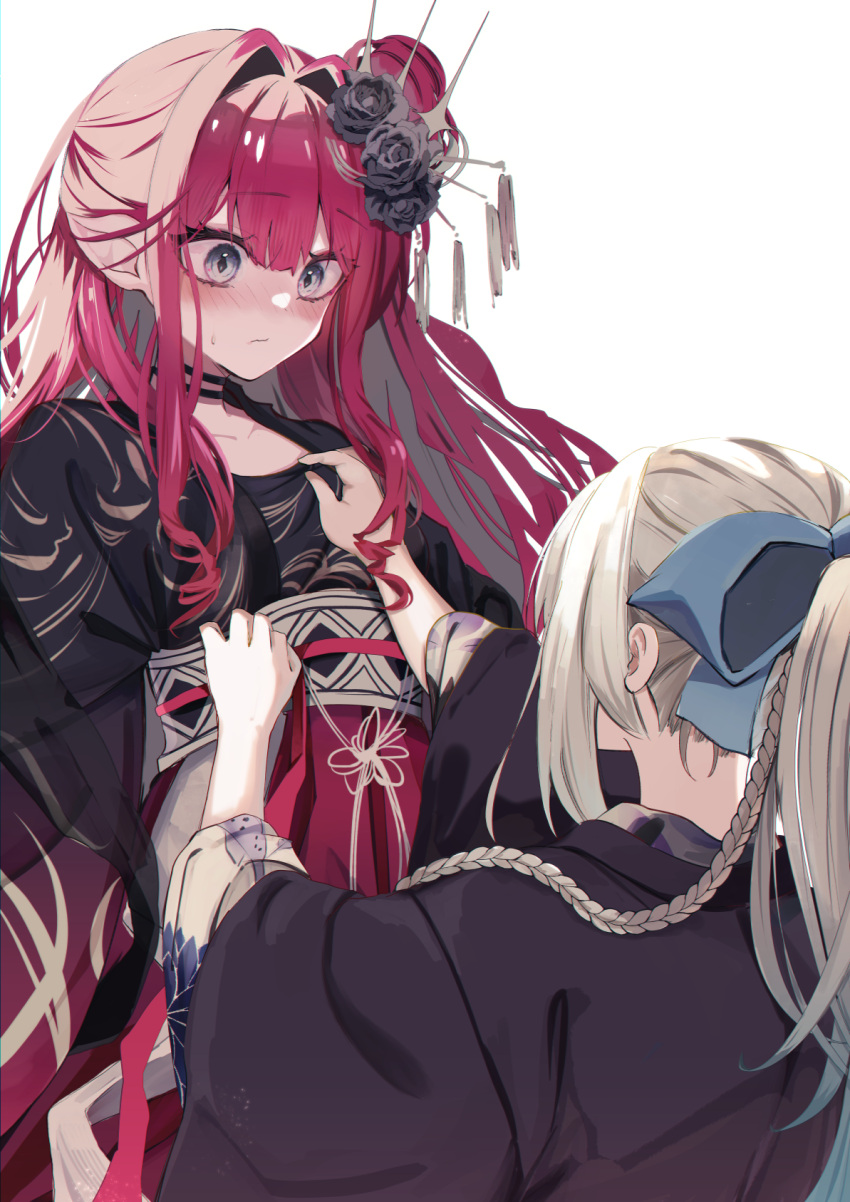 2girls, adjusting_clothes, baobhan_sith_(fate), blonde_hair, blue_ribbon, blush, dressing_another, fate/grand_order