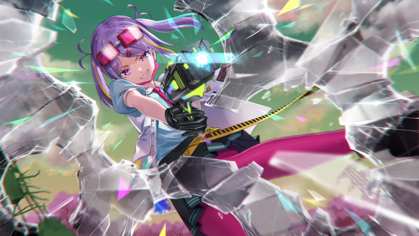 1girl, belt, black_gloves, black_skirt, blue_shirt, broken_glass, glass, gloves
