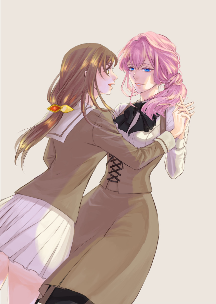 2girls, asahina_yui, black_bow, black_pantyhose, blue_eyes, bow, brown_hair, brown_skirt