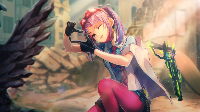 1girl, black_gloves, black_skirt, blue_shirt, gloves, gun, handgun, heaven_burns_red