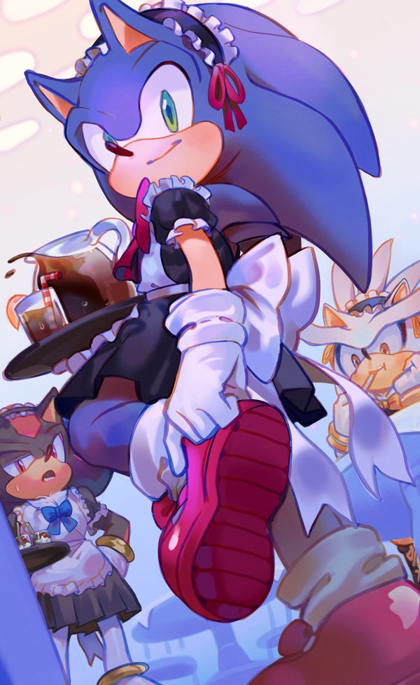 3boys, alternate_costume, animal_ears, animal_nose, apron, back_bow, black_dress, black_footwear, black_fur, black_hairband, blue_bow, blue_bowtie, blue_fur, blue_ribbon, body_fur, boots, bow, bowtie, bracelet, chair, cherry, closed_mouth, crossdressing, dress, eating, english_commentary, enmaided, fang, flower, food, food_on_face, frills, from_behind, fruit, furry, furry_male, glass, gloves, gold_bracelet, green_eyes, grey_fur, hairband, hand_on_own_face, hand_on_own_hip, hands_up, hedgehog, hedgehog_ears, holding, holding_tray, ice_cream, jar, jewelry, juice, leg_up, looking_at_another, looking_at_viewer, looking_back, maid, male_focus, multiple_boys, open_mouth, orange_(fruit), orange_bow, orange_bowtie, orange_eyes, orange_ribbon, orange_slice, pantyhose, pink_bow, pink_bowtie, pink_footwear, pink_ribbon, puffy_short_sleeves, puffy_sleeves, red_eyes, red_fur, ribbon, shadow_the_hedgehog, shoes, short_sleeves, silver_the_hedgehog, sitting, smile, socks, sonic_(series), sonic_the_hedgehog, spoon, standing, standing_on_one_leg, sweatdrop, table, tea, teeth, tray, two-tone_fur, uzucake, white_apron, white_bow, white_footwear, white_gloves, white_pantyhose, white_socks