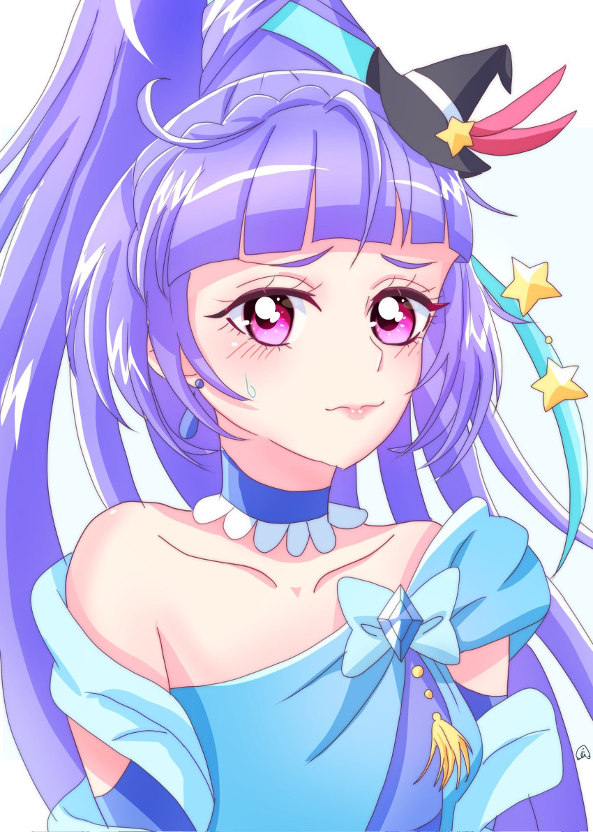 blue_choker, blue_gemstone, choker, cure_magical, cure_magical_(sapphire_style), folded_braid, gem, hat, highres, intertwined_hair, izayoi_liko, long_hair, looking_at_viewer, magical_girl, mahou_girls_precure!, mini_hat, mini_witch_hat, momotarouooi, precure, purple_hair, upper_body, violet_eyes, witch_hat