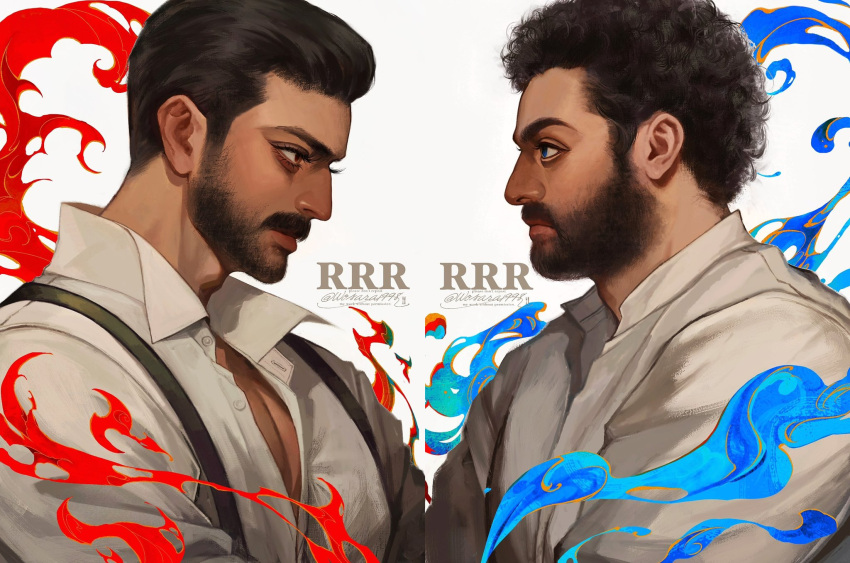 2boys, alluri_sitarama_raju, beard, collared_shirt, crossed_arms, curly_hair, dark-skinned_male, dark_skin